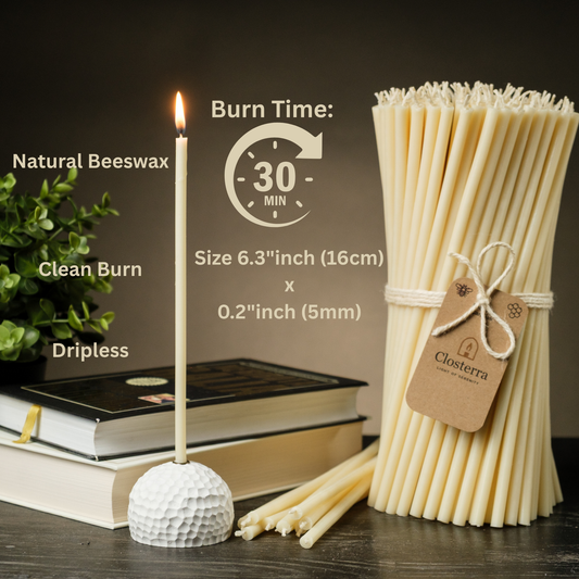 6.3" Thin White Beeswax Taper Candles 0.2" Diameter, 30 Min Clean Burn
