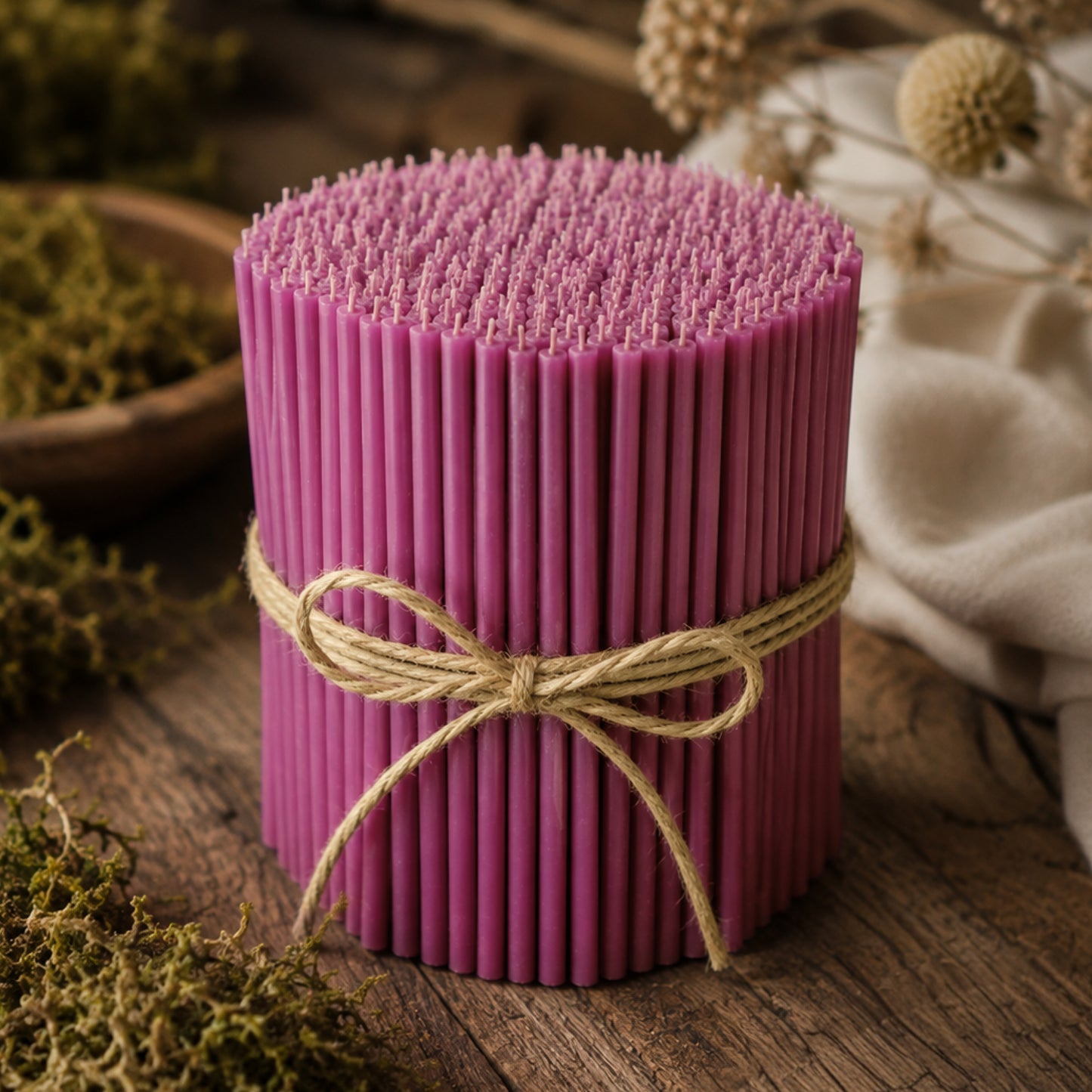Purple thin beeswax taper candles by Closterra