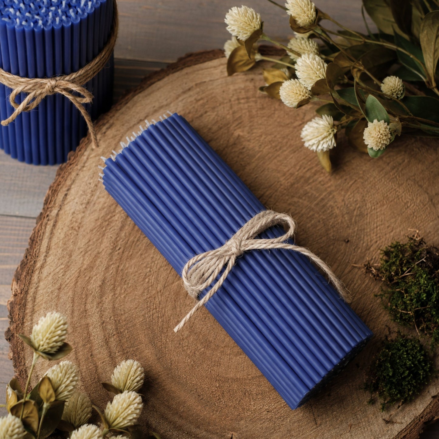Blue thin beeswax taper candles, 7.3 inch, Closterra