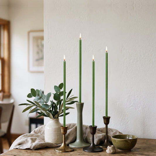 Green Closterra beeswax thin taper candles