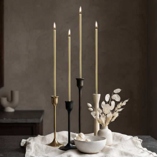 White Closterra beeswax thin tapers in candle holders