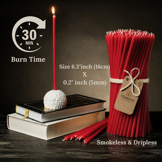 6.3" Thin Red Beeswax Taper Candles 0.2" Diameter, 30 Min Clean Burn
