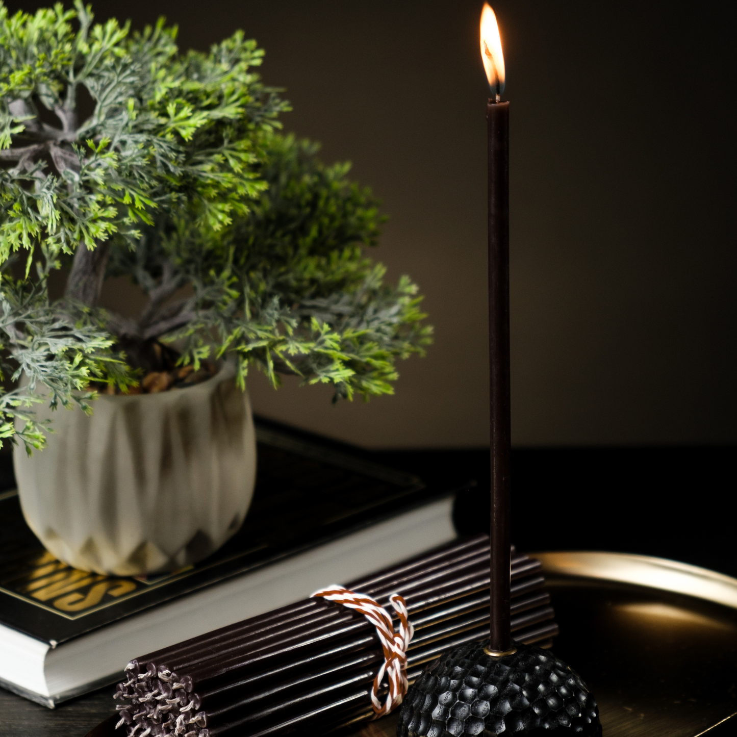 8" Thin Black Beeswax Taper Candles - 0.26" Diameter, 1h 20min Burn