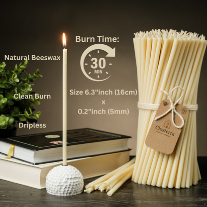 6.3" Thin White Beeswax Taper Candles 0.2" Diameter, 30 Min Clean Burn