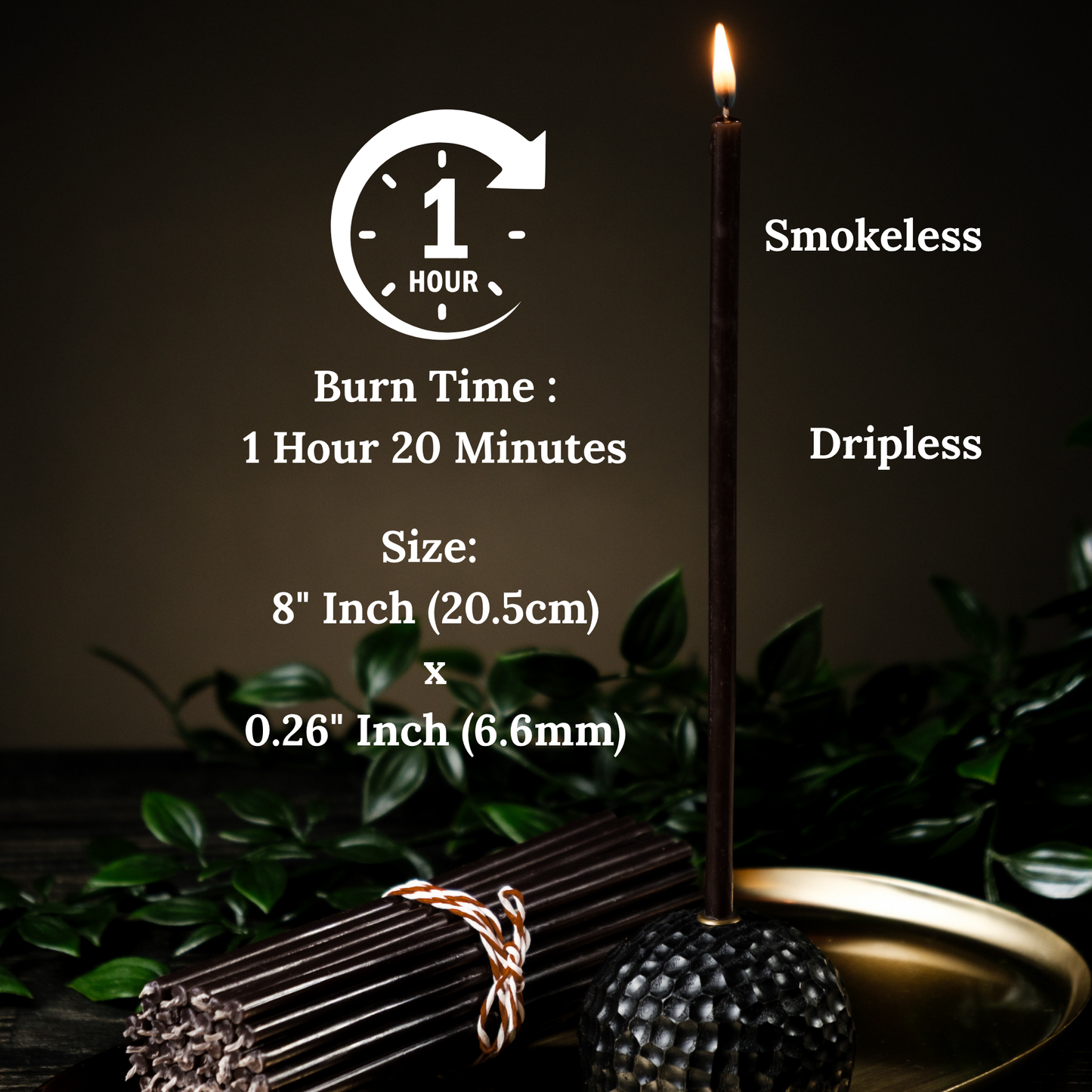 8" Thin Black Beeswax Taper Candles - 0.26" Diameter, 1h 20min Burn