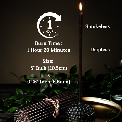 8" Thin Black Beeswax Taper Candles - 0.26" Diameter, 1h 20min Burn