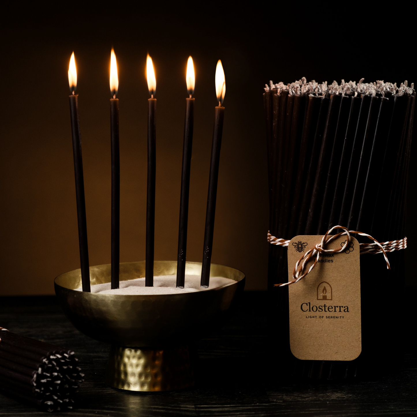 8" Thin Black Beeswax Taper Candles - 0.26" Diameter, 1h 20min Burn