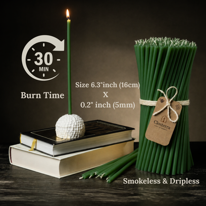 6.3" Thin Green Beeswax Taper Candles 0.2" Diameter, 30 Min Clean Burn
