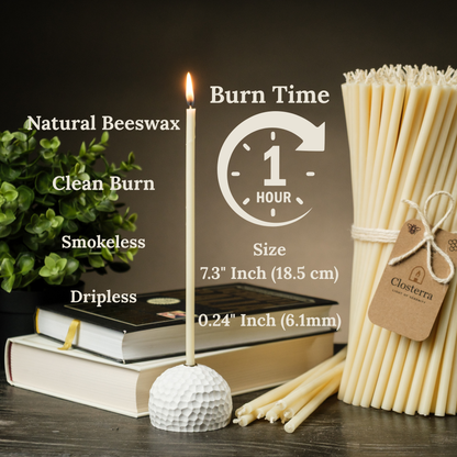 7.3" Thin White Beeswax Taper Candles 0.24" Diameter | 60 Minutes Burn.