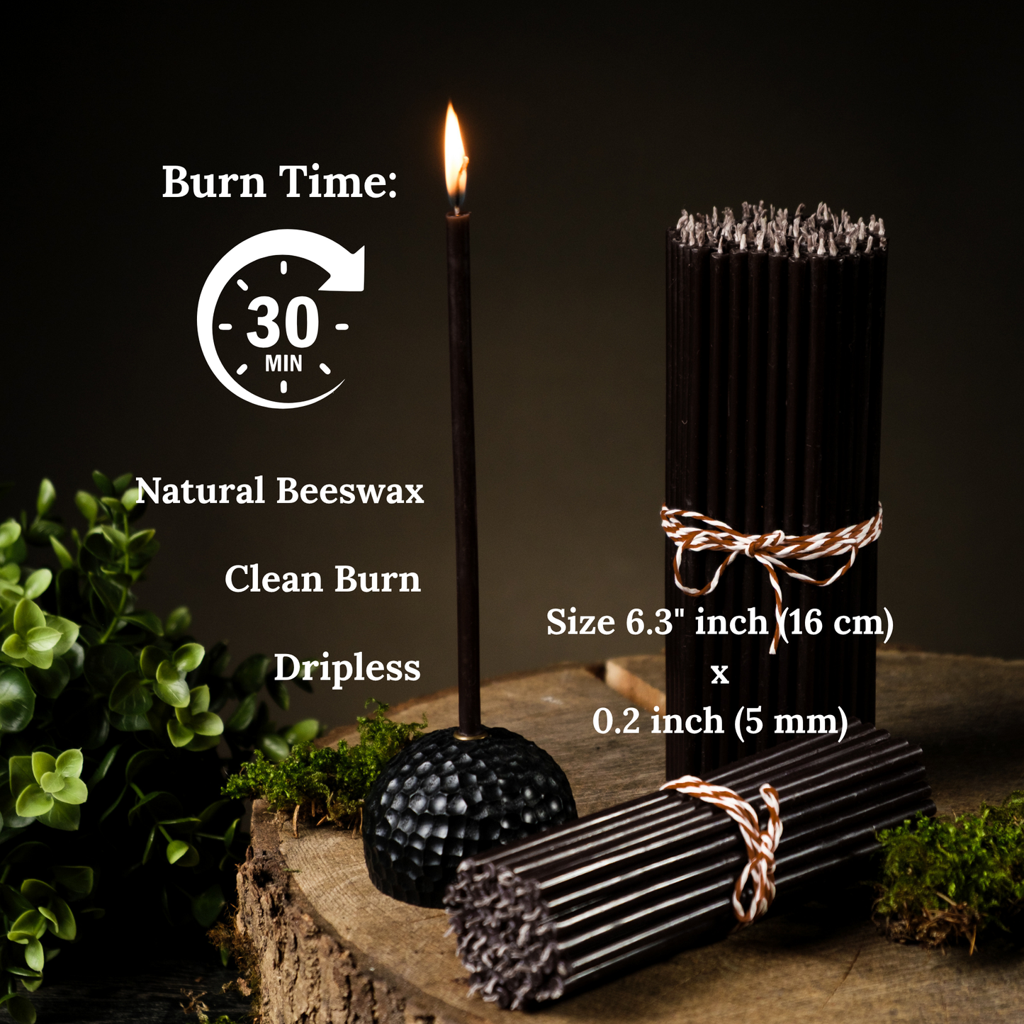 6.3" Thin Black Beeswax Taper Candles | 0.2" Diameter, 30 Min Clean Burn.