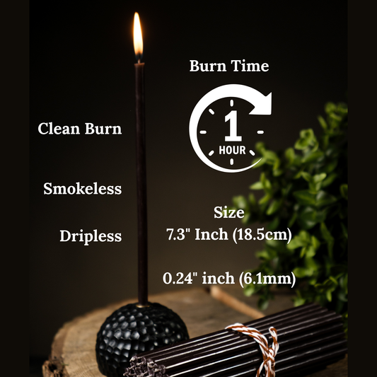 7.3"Thin Black Beeswax Taper Candles 0.24" Diameter | 60 Minutes Burn.