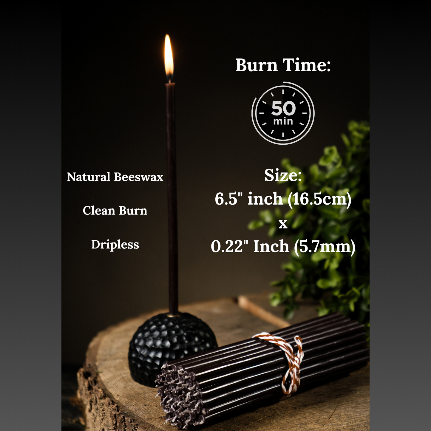 6.5" Thin Black Beeswax Taper Candles 0.22 Diameter, 50 Min Clean Burn.