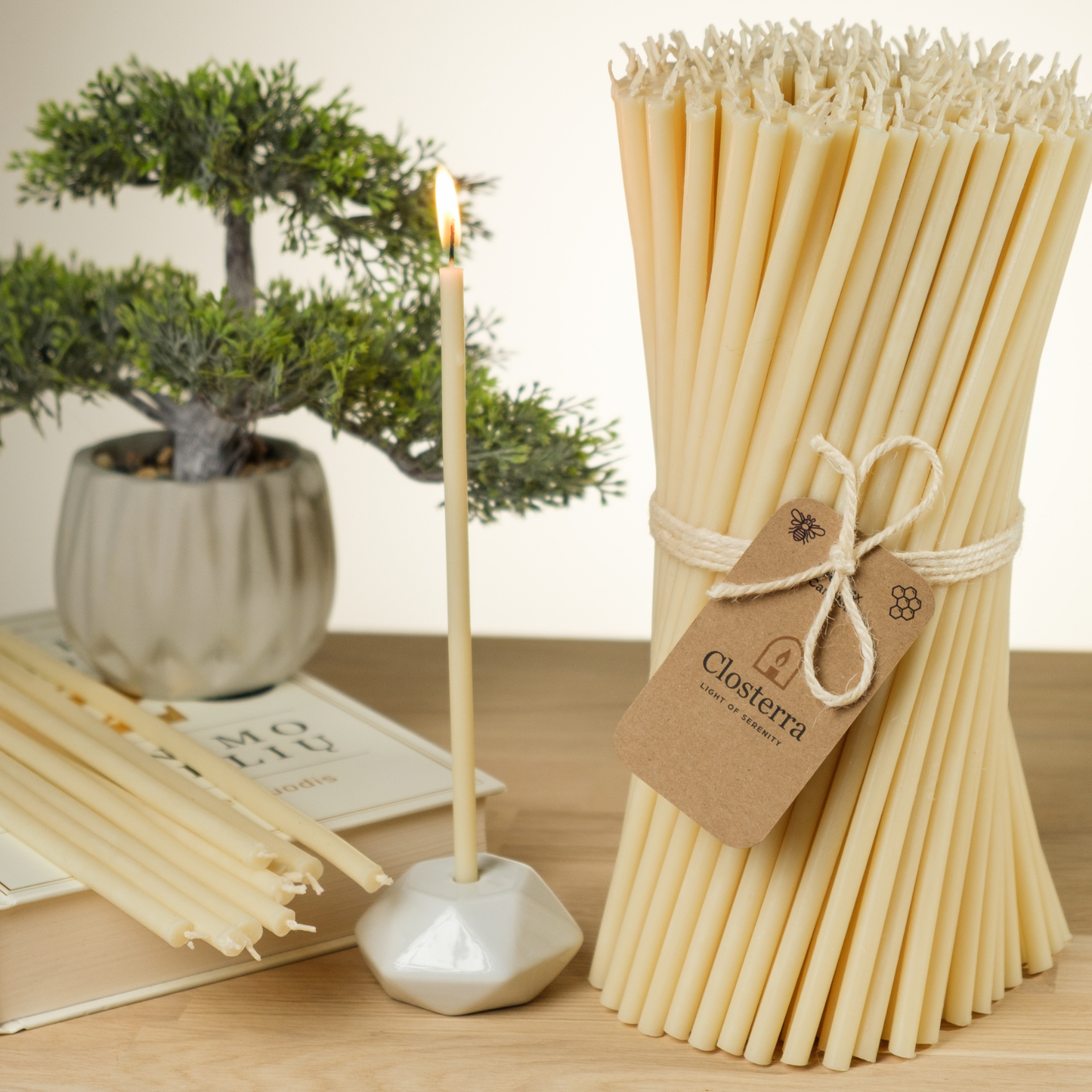 10.4" Thin White Beeswax Taper Candles | 0.28" Diameter. 2 Hours Burn.
