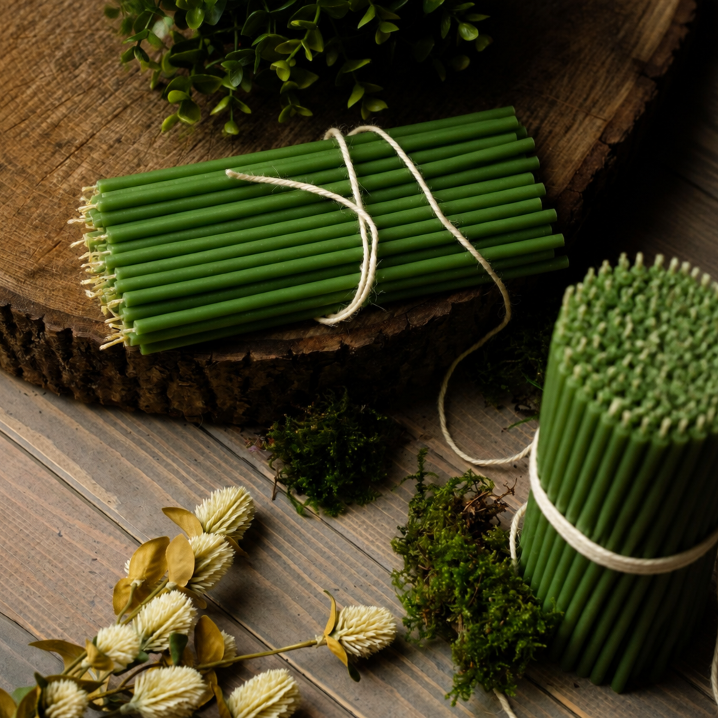 6.3" Thin Green Beeswax Taper Candles 0.2" Diameter, 30 Min Clean Burn
