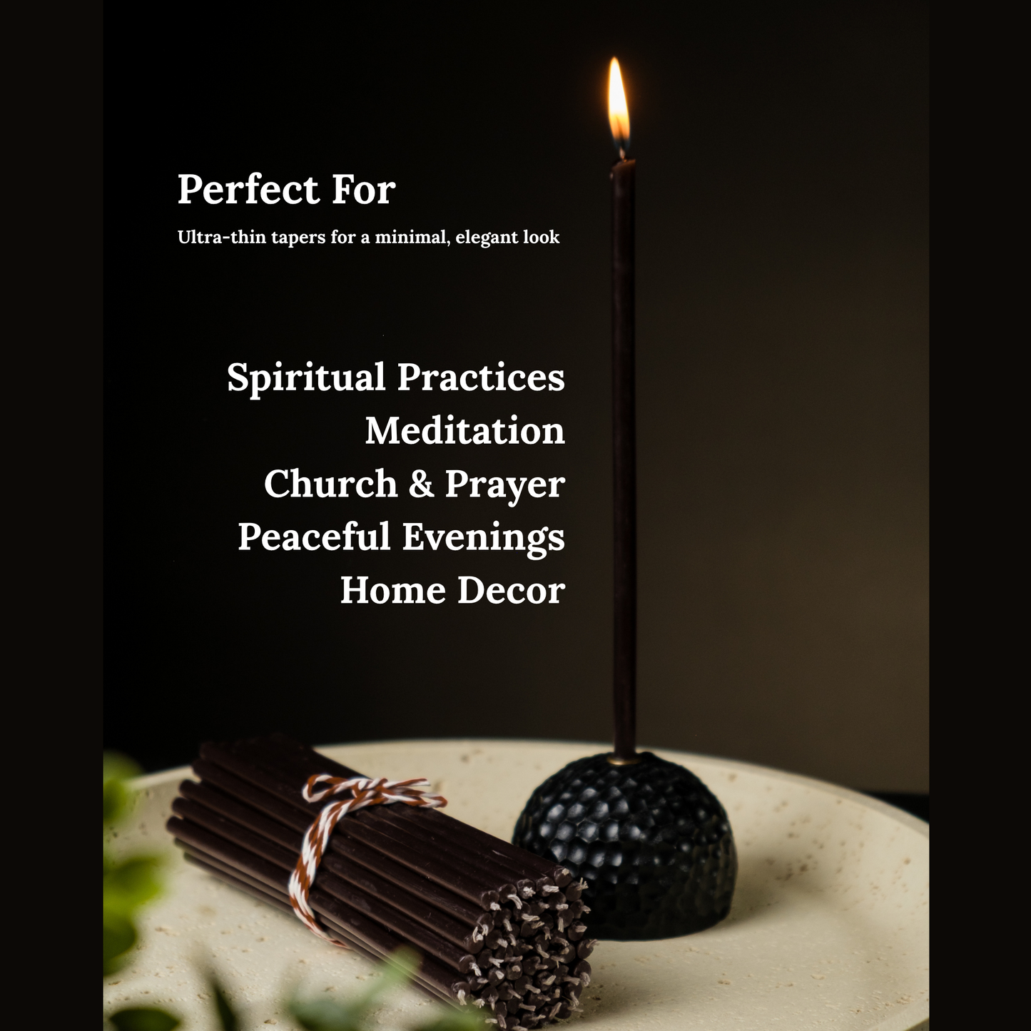 8" Thin Black Beeswax Taper Candles - 0.26" Diameter, 1h 20min Burn