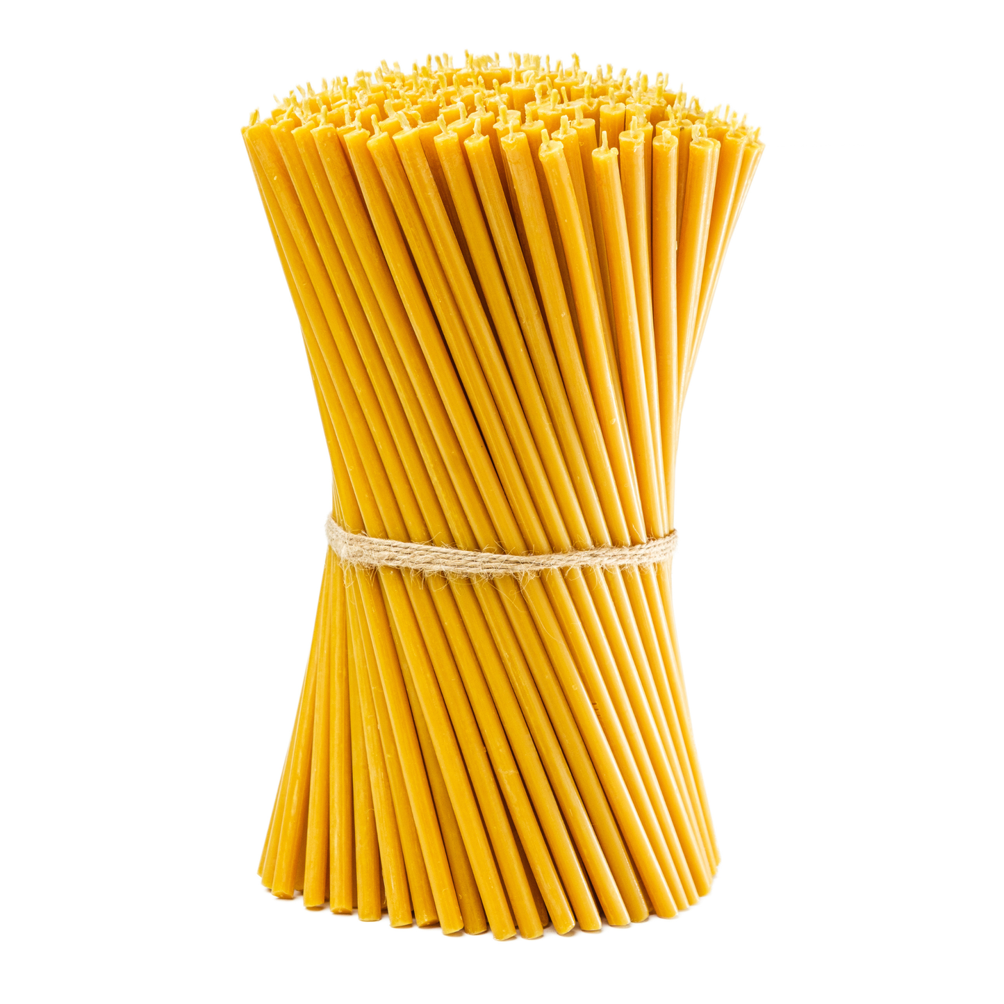 "Handmade pure beeswax taper candles bundle tied with twine, natural yellow, on white background"