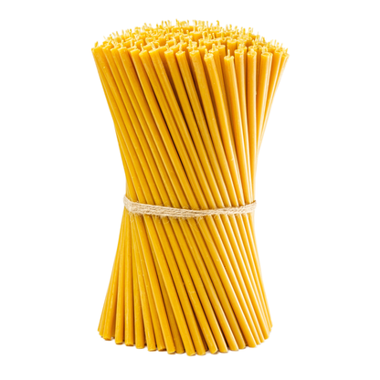 "Handmade pure beeswax taper candles bundle tied with twine, natural yellow, on white background"