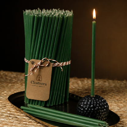 6.3" Thin Green Beeswax Taper Candles 0.2" Diameter, 30 Min Clean Burn