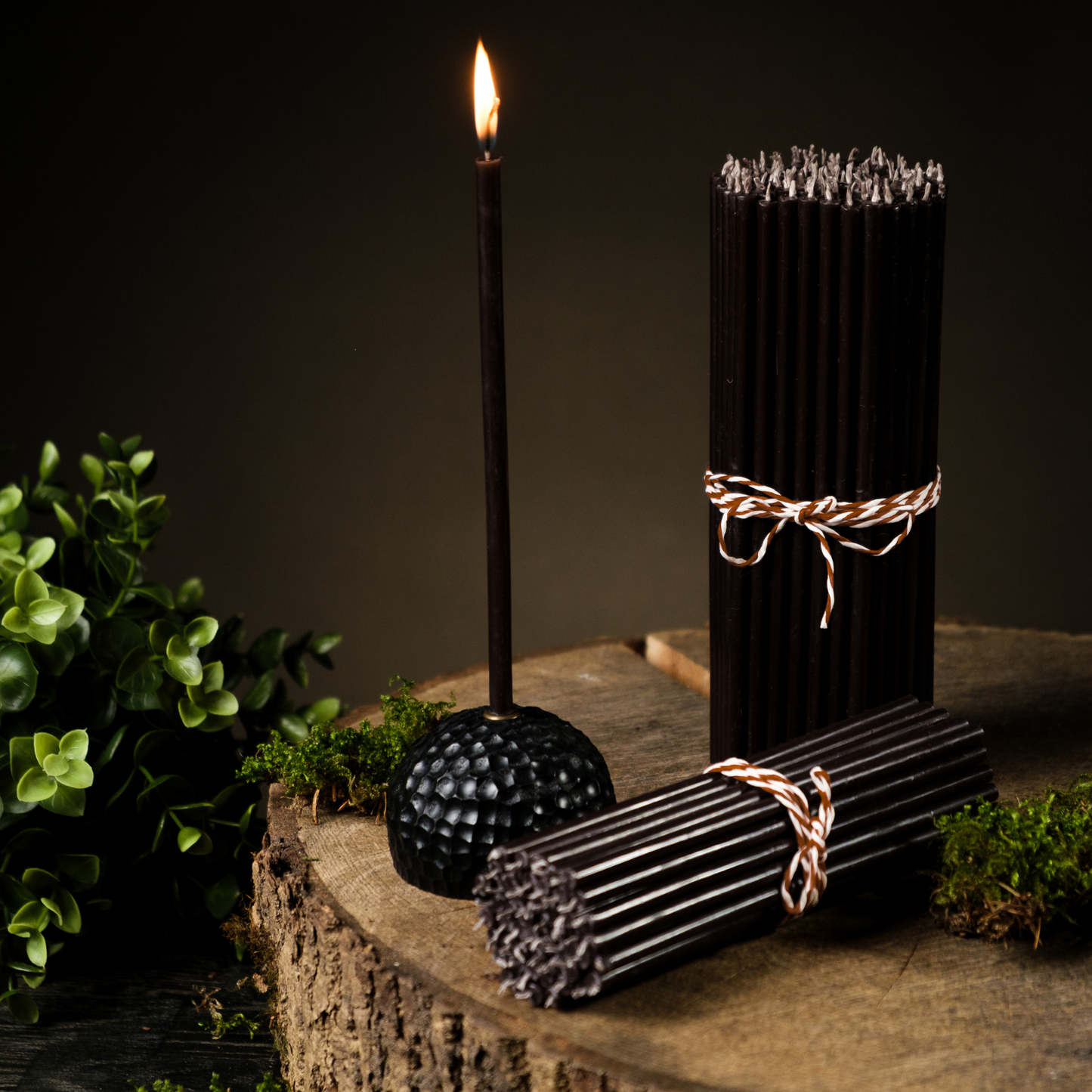 8" Thin Black Beeswax Taper Candles - 0.26" Diameter, 1h 20min Burn