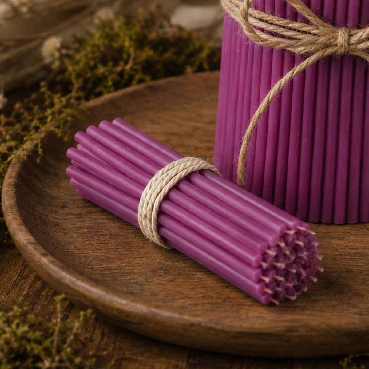 Purple thin beeswax taper candles by Closterra