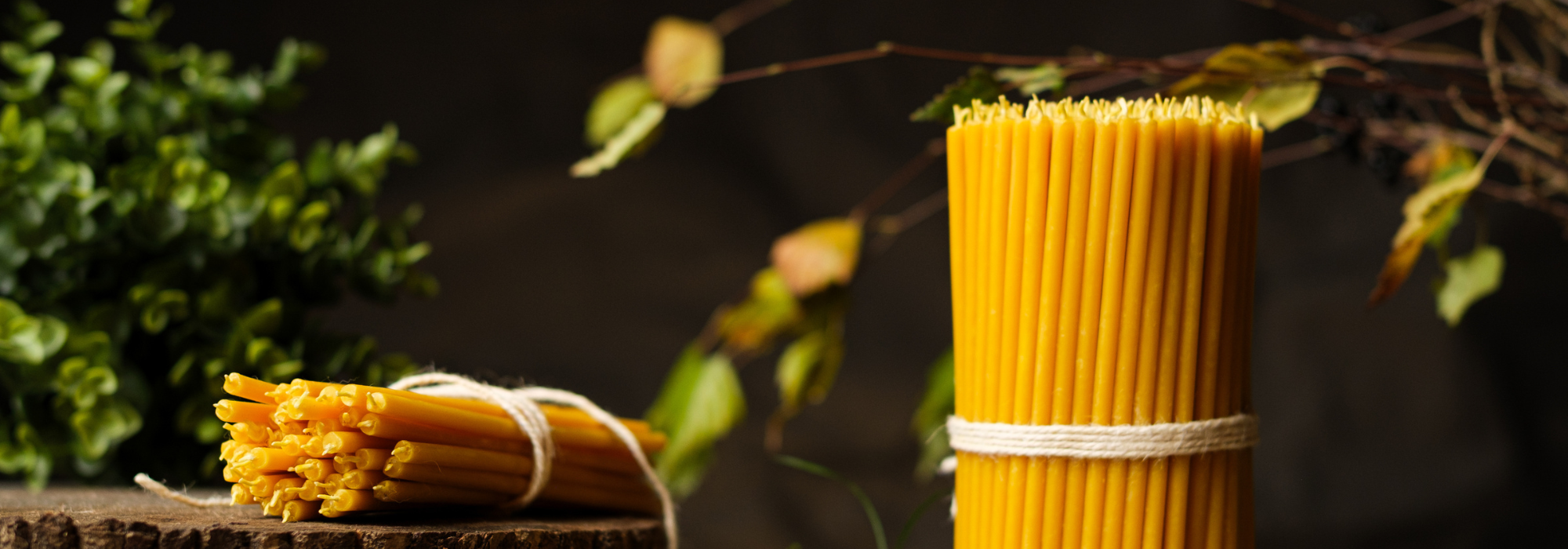 candles bundled with twine on a dark background with soft greenery.”