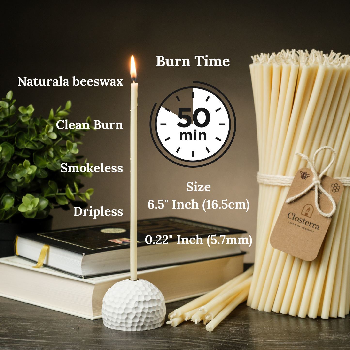 6.5" Thin White Beeswax Taper Candles 0.2" Diameter, 50 Min Clean Burn.