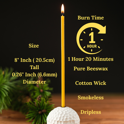 8" Thin Beeswax Taper Candles - 0.26" Diameter | 1 Hour 20 Minutes Clean Burn.