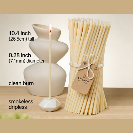 10.4" Thin White Beeswax Taper Candles | 0.28" Diameter. 2 Hours Burn.