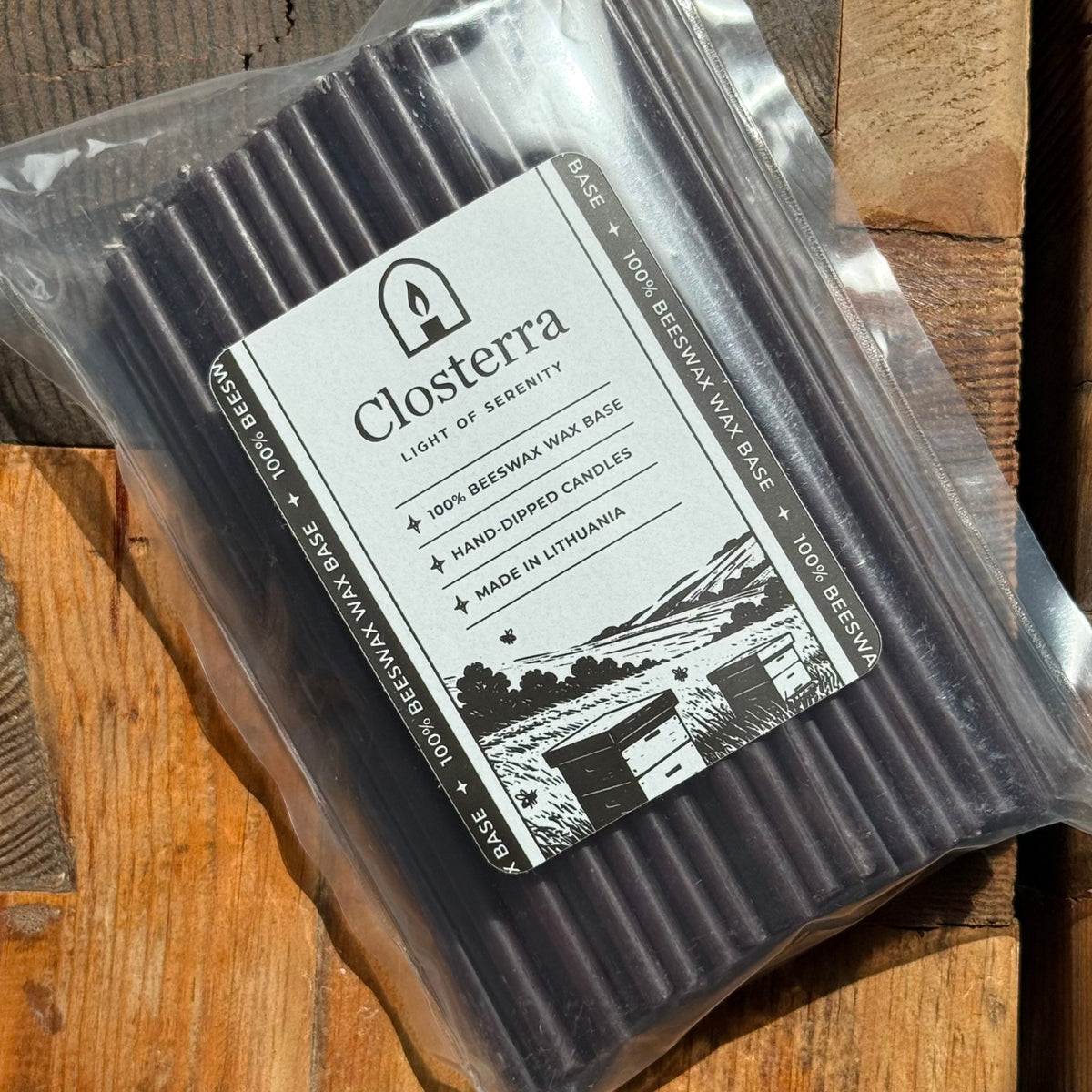 6.5 inch black beeswax ritual candles, pack of 100 in Closterra packaging