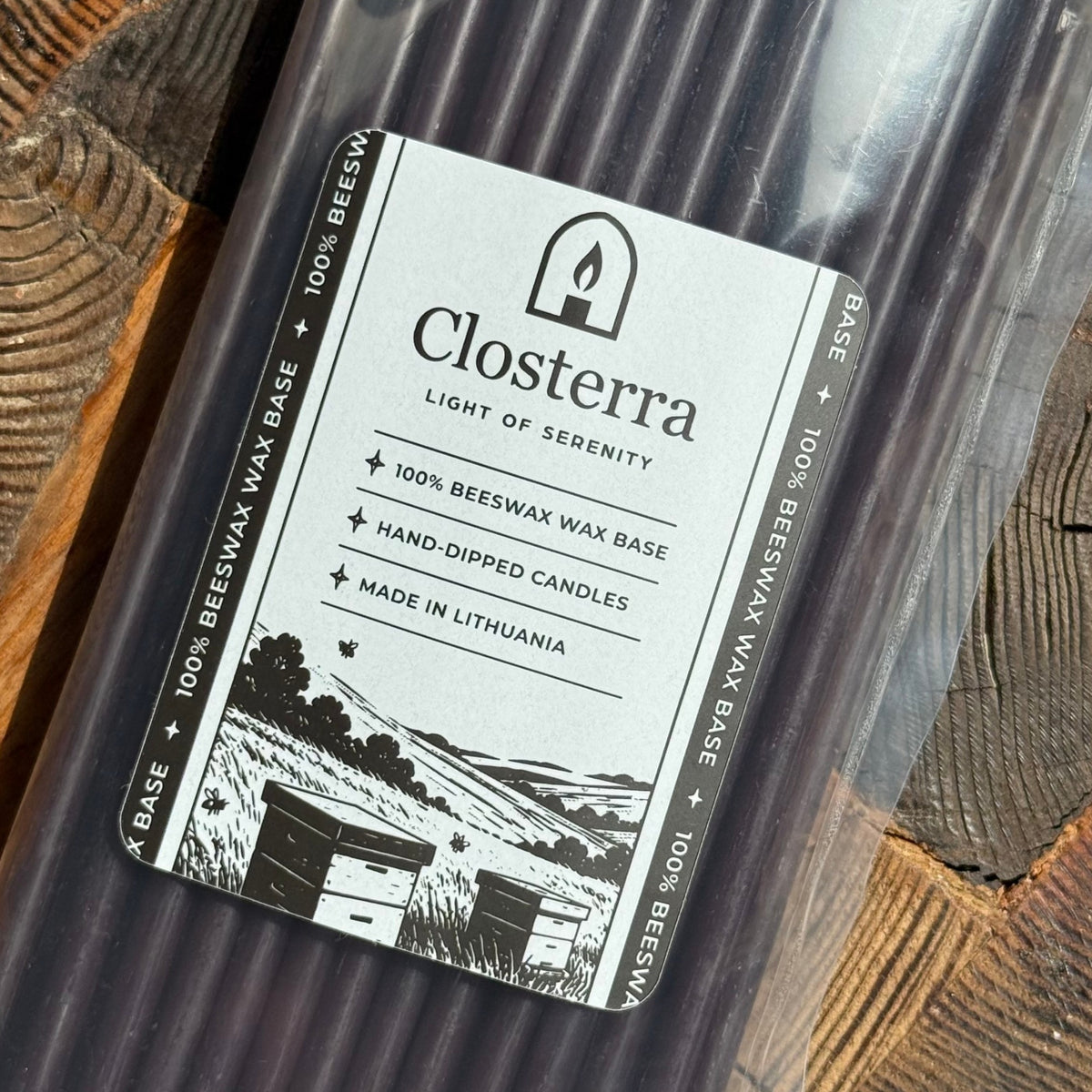 8 inch black beeswax ritual candles, pack of 50 in Closterra packaging