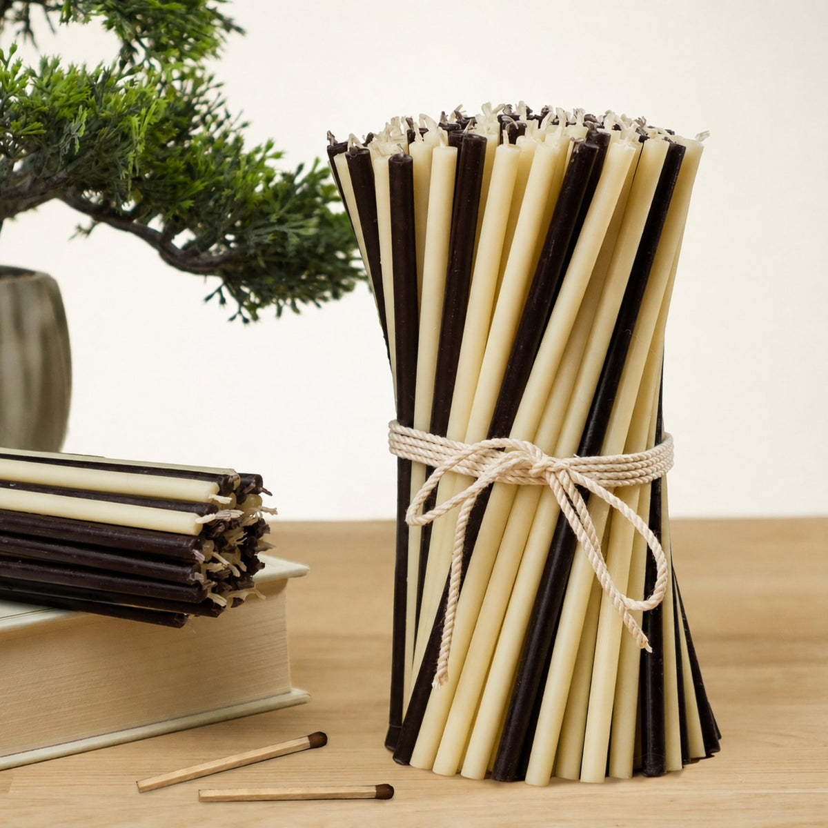Black and white thin beeswax taper candles set, 6.3 inch, Closterra