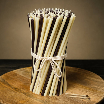 Black and white thin beeswax taper candles set, 6.5 inch, Closterra