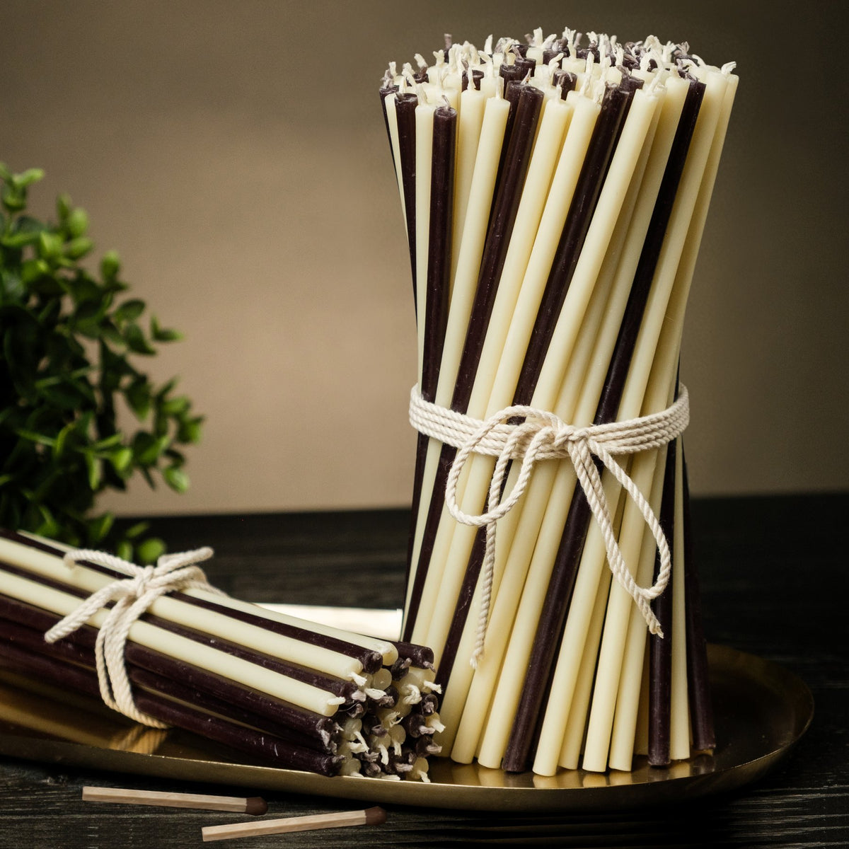 Black and white thin beeswax taper candles set, 7.3 inch, Closterra