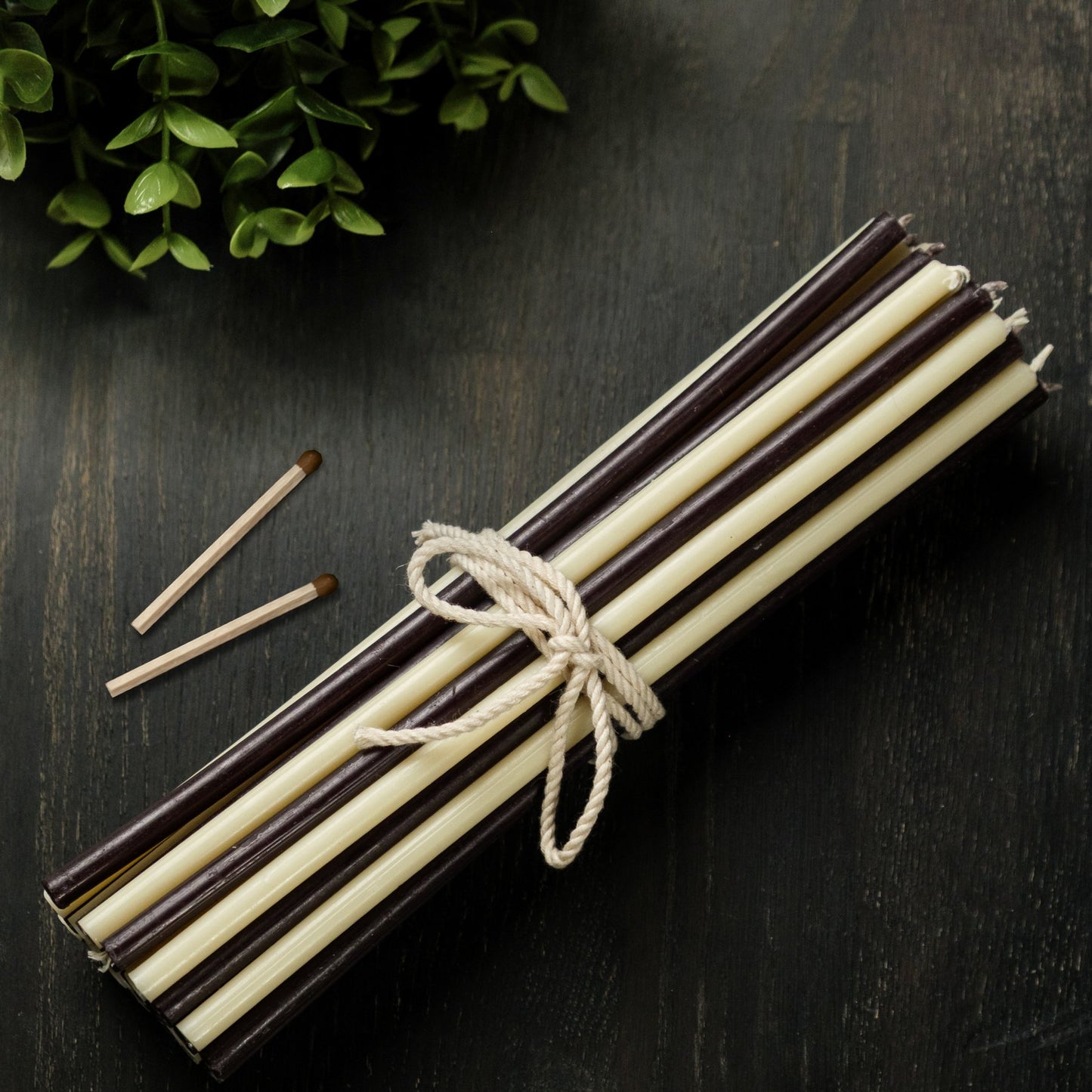 Black and white thin beeswax taper candles set, 8 inch, Closterra