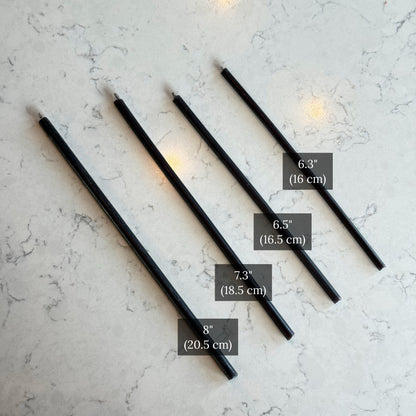 Black beeswax taper candles size comparison chart