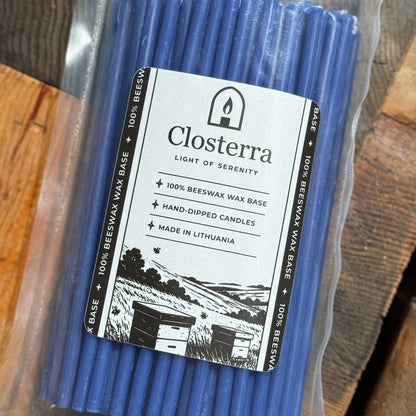 6.3 inch blue beeswax ritual candles, pack of 100 in Closterra packaging