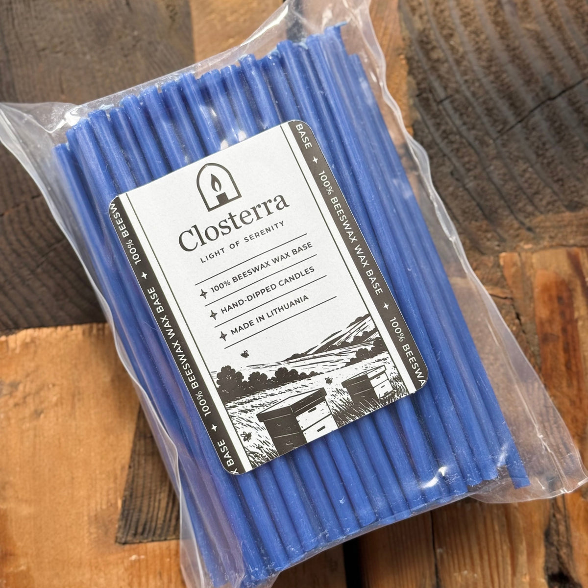 6.5 inch blue beeswax ritual candles, pack of 100 in Closterra packaging