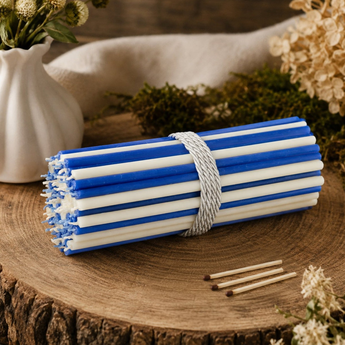 Blue and white thin beeswax taper candles set, 6.3 inch, Closterra