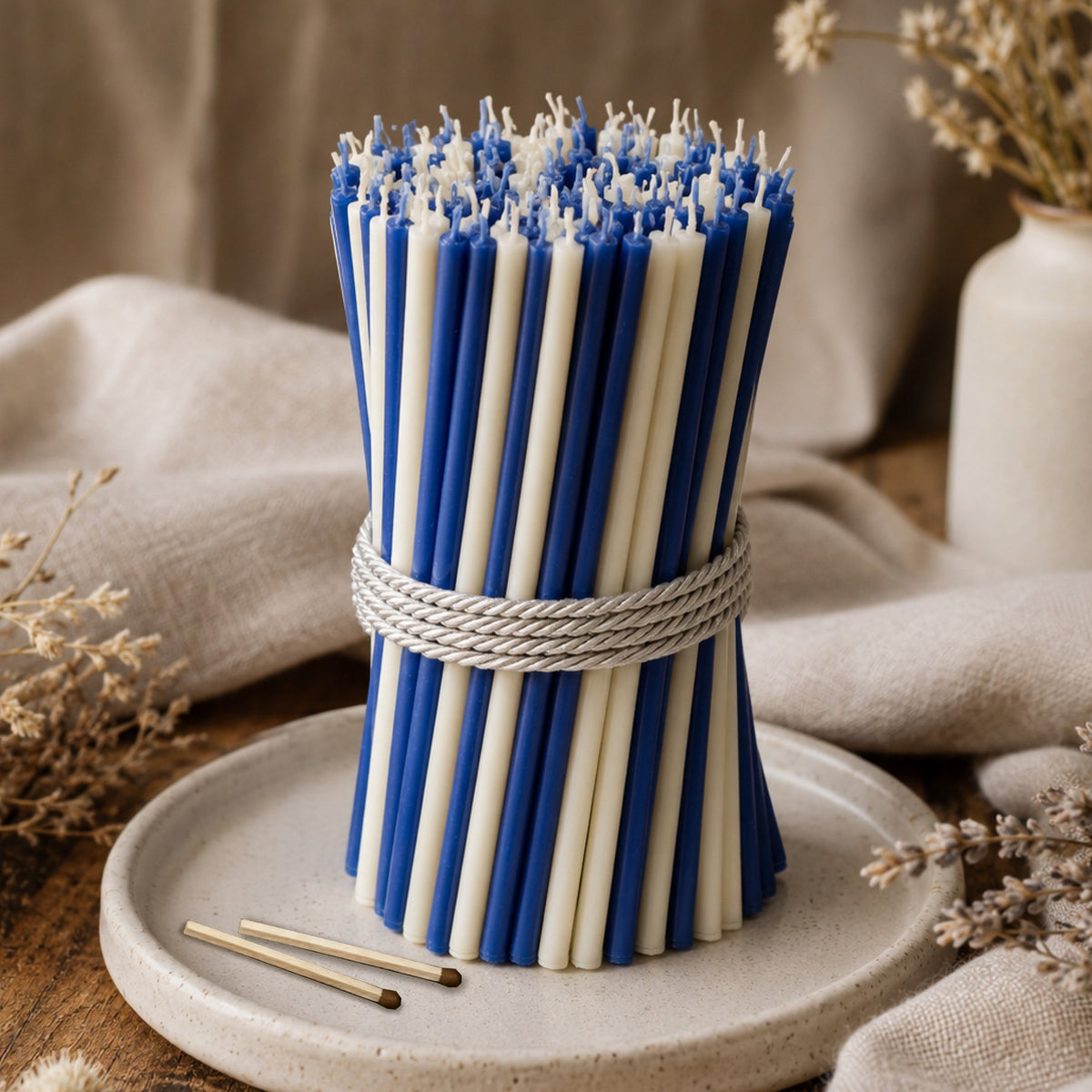 Blue and white thin beeswax taper candles set, 6.5 inch, Closterra