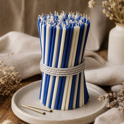 Blue and white thin beeswax taper candles set, 6.5 inch, Closterra