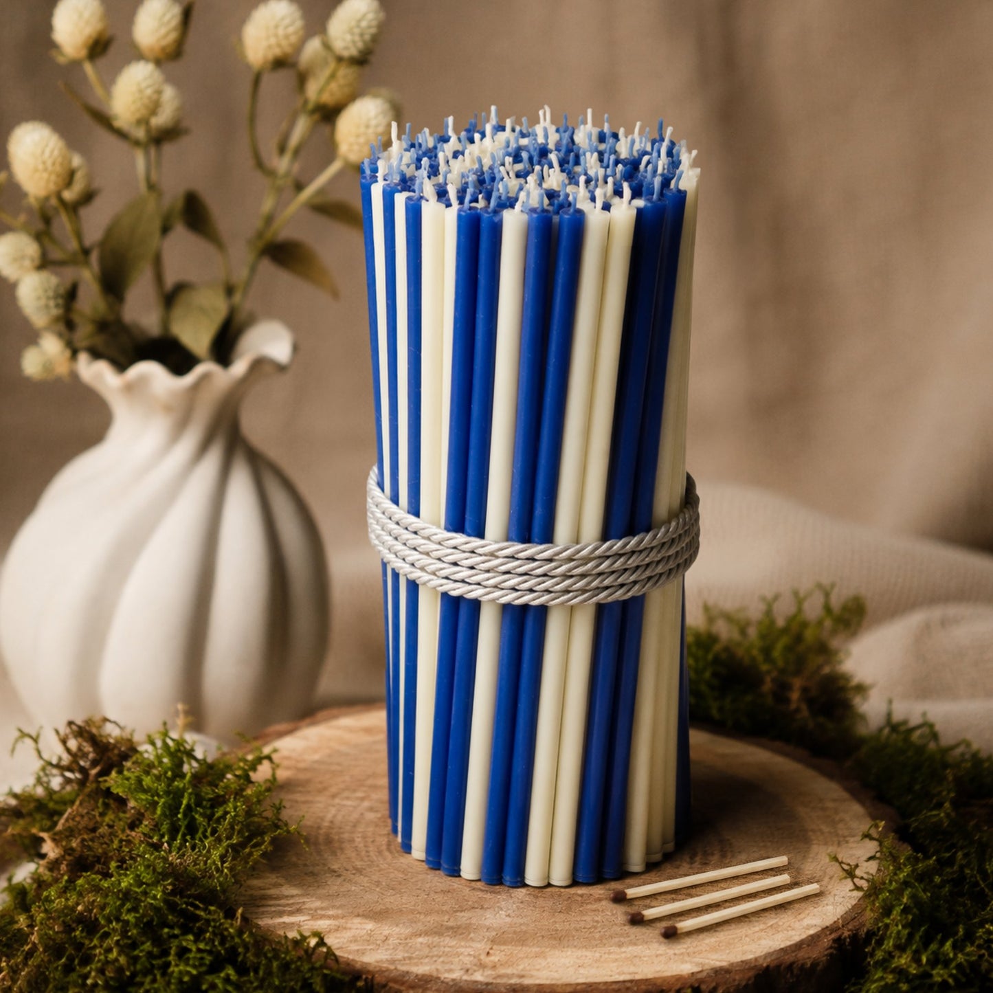 Blue and white thin beeswax taper candles set, 7.3 inch, Closterra