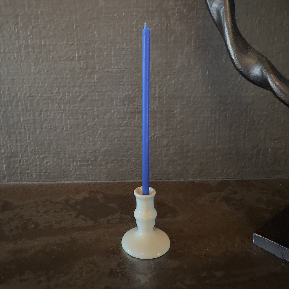 Blue beeswax taper candles 6.3″, in cream ceramic holder