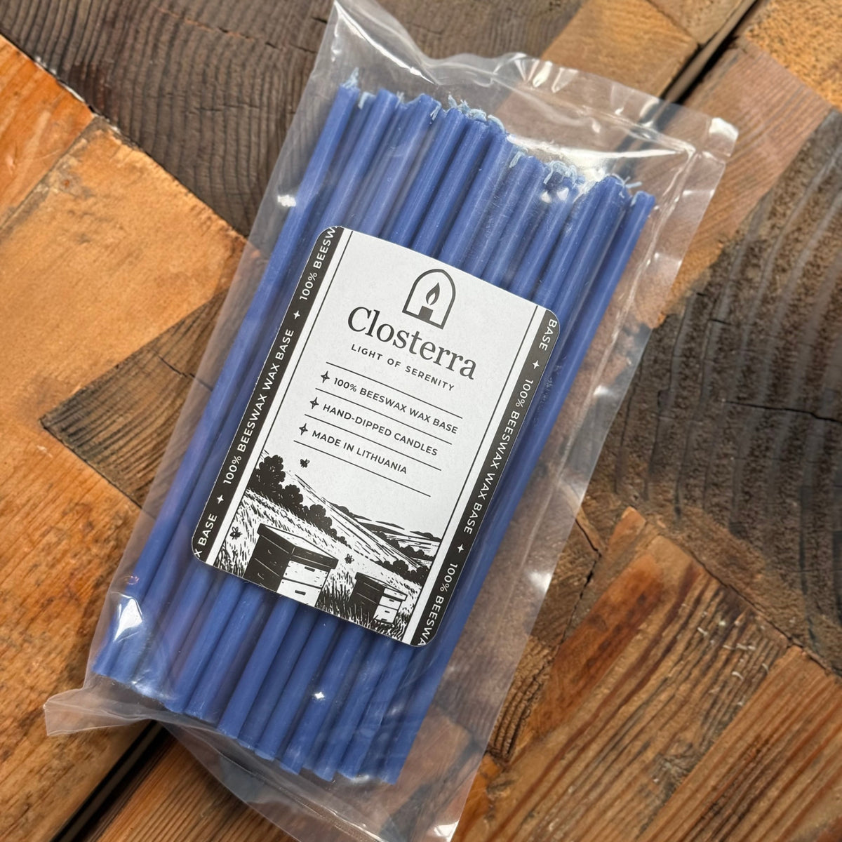 Blue beeswax taper candles 7.3″, in closterra packaging