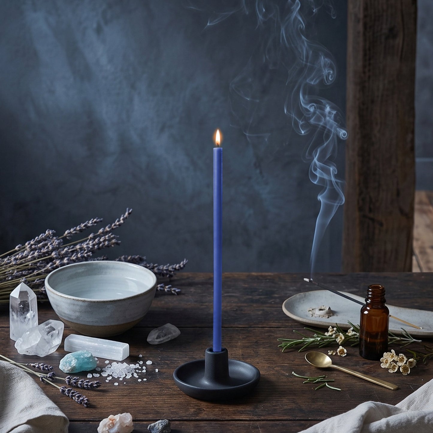 Blue beeswax ritual candle for Healing & Communication, 7.3 inch, Closterra