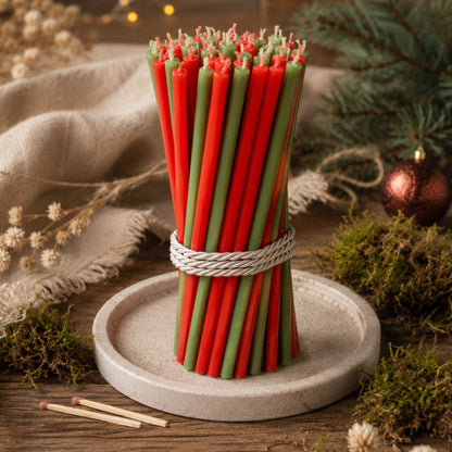 Red and green Christmas thin beeswax taper candles set, 6.3 inch, Closterra