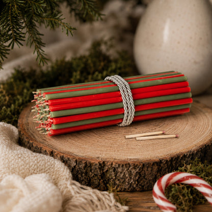 Red and green Christmas thin beeswax taper candles set, 6.5 inch, Closterra