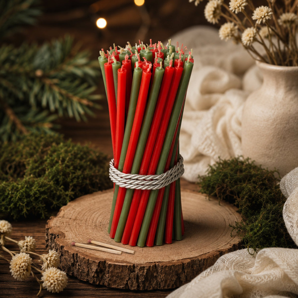 Red and green Christmas thin beeswax taper candles set, 7.3 inch, Closterra