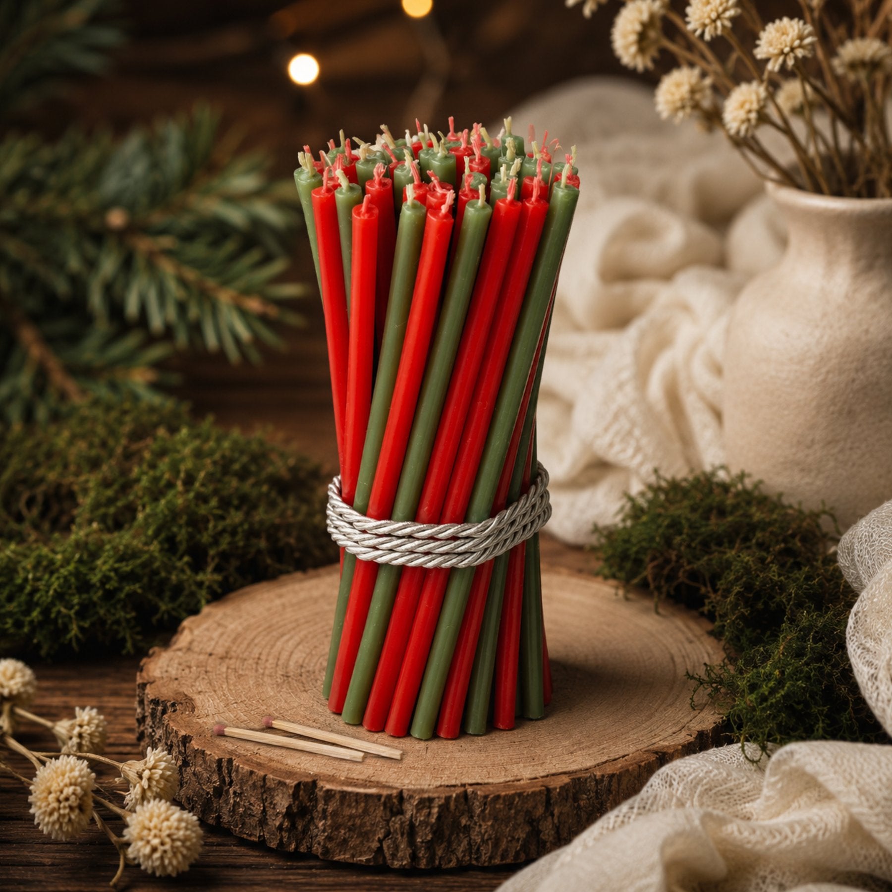 Red and green Christmas thin beeswax taper candles set, 7.3 inch, Closterra