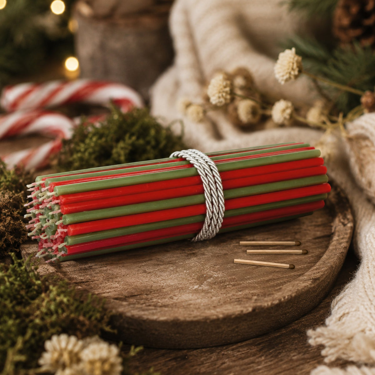 Red and green Christmas thin beeswax taper candles set, 8 inch, Closterra