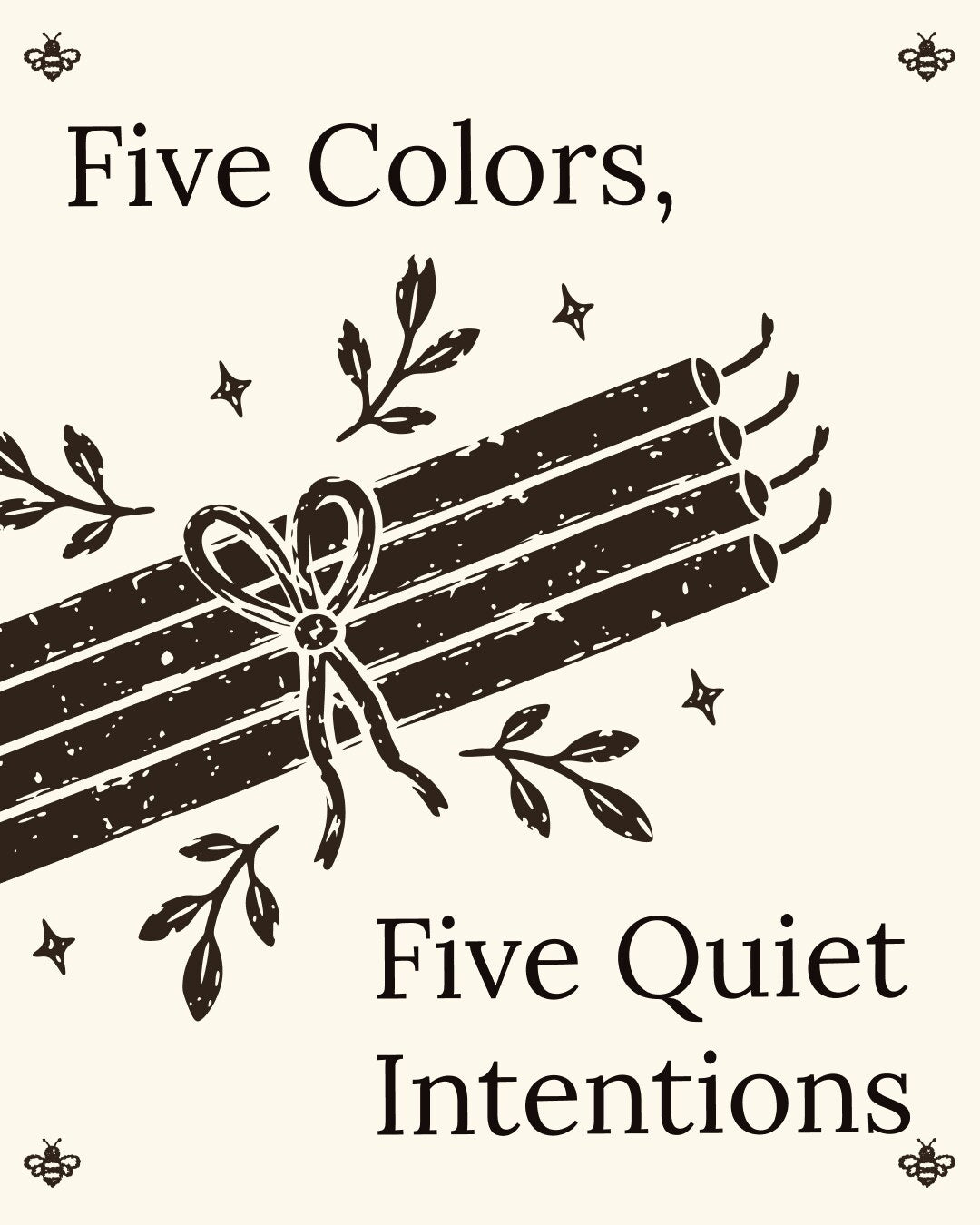 Five colors of Closterra beeswax ritual tapers, one for each intention